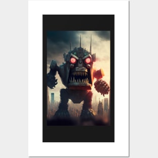 Alien Monster giant robot cyborg attacking the city Posters and Art